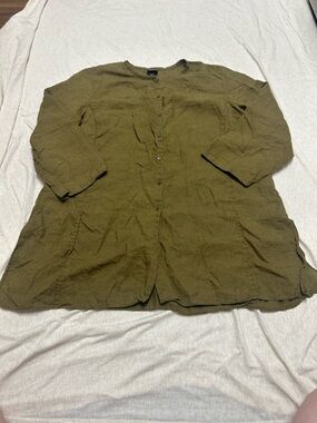 Eileen Fisher 100% Irish Linen Button Down Shirt Band Collar Mossy Brown Relaxed